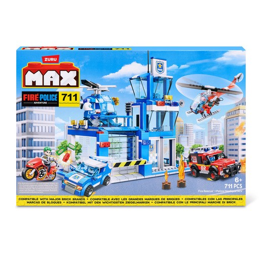 Colorful construction set featuring a blue fire police station, vehicles including a red fire truck and motorcycle, and a helicopter, designed for ages 6 and up with 711 pieces.
