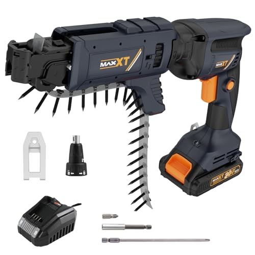 MAXXT 20V brushless drywall screw gun in black and orange, featuring a collated drywall attachment, self-feeding mechanism, and included charger and bits.