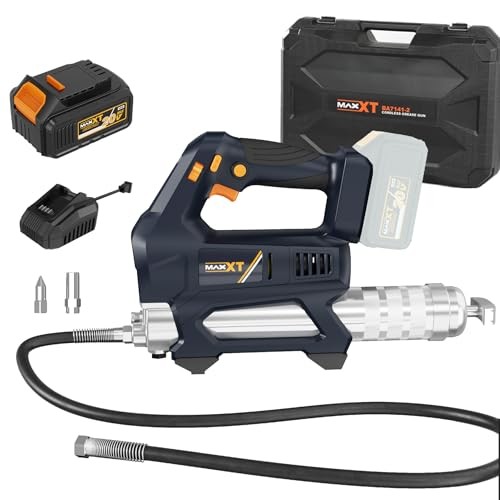 Cordless MAXXT heavy equipment grease gun in navy blue and silver, featuring a 20V battery, 4.0Ah battery, quick charger, 40” long hose, and LED light, all in a sturdy carrying case.