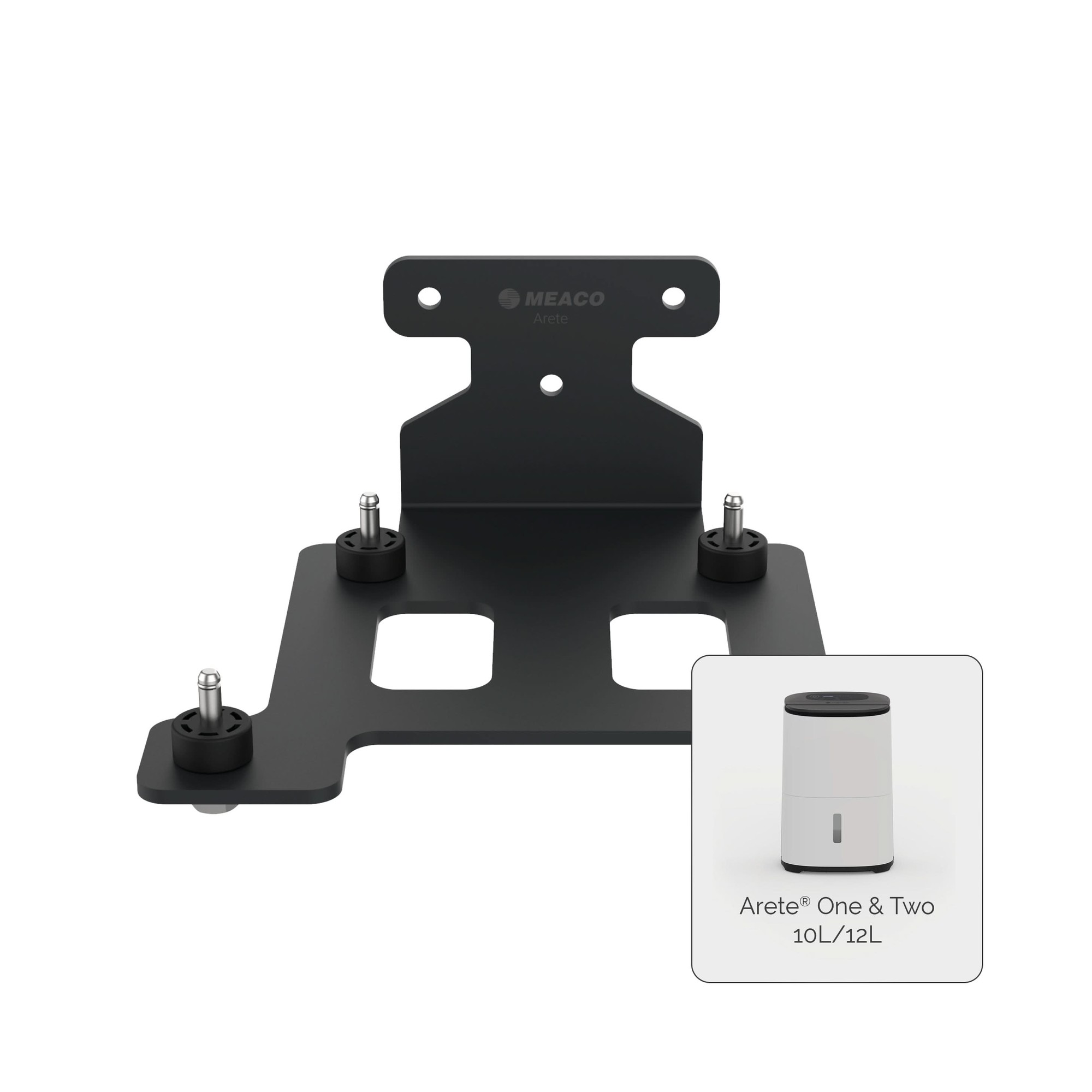 Black metal castor bracket with four adjustable wheels, designed for Meaco Arete® One and Two dehumidifiers, featuring a sturdy mounting plate for stability.