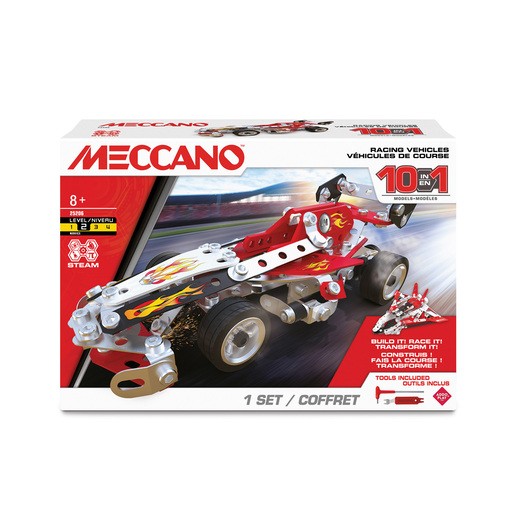 Meccano 10-in-1 Racing Vehicles set featuring a red and silver car design, metallic parts, and tools for assembly, suitable for ages 8 and up.