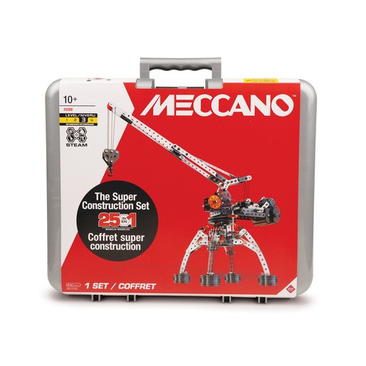 Red and silver carrying case for the Meccano 25 in 1 Super Construction Set, featuring a graphic of a crane and text highlighting its STEM focus and versatility.