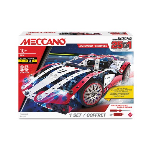 347-piece Meccano building set featuring a motorized supercar model with red, black, and white color scheme, includes tools for assembly and offers 25 different model options.
