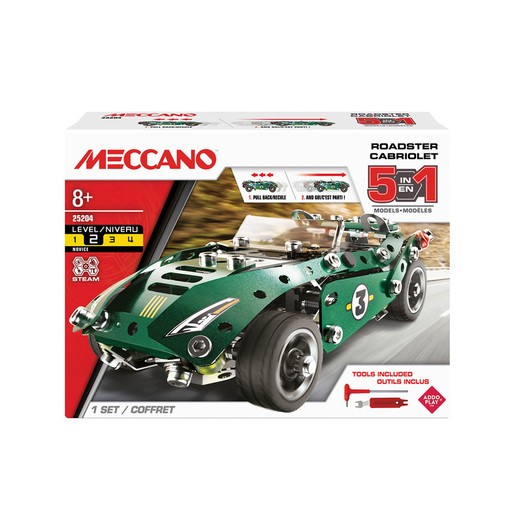 Green and silver Meccano 5 in 1 Roadster Construction Set box featuring a detailed model car with a number 3, tools included, and age recommendation of 8+.