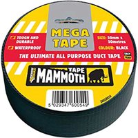 Black Everbuild Mega Mammoth duct tape, 50mm x 50m, tough, durable, waterproof, with yellow and black packaging.