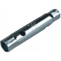 Silver Melco TM11 metric box spanner, 12x14mm, 100mm long, hexagonal ends, central hole for leverage.