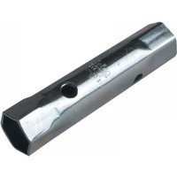 Chrome Melco TM22 box spanner, 22x23mm, 125mm long, hexagonal ends, central holes for leverage.