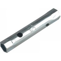 Silver Melco TW24 Whitworth box spanner, hexagonal ends, two holes on each side, 175mm length.