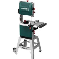 Green Metabo BAS 318 bandsaw with silver stand, adjustable table, and red adjustment knobs.