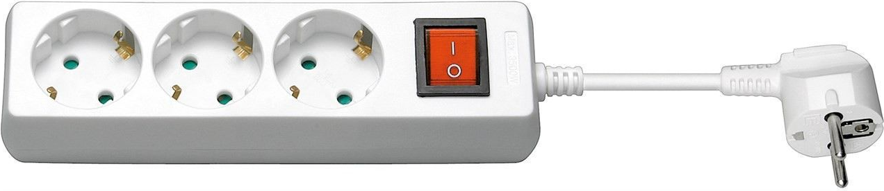 White power extension with 1.5 meters of cable, featuring three AC outlets, a red on/off switch, and a right-angle plug for easy access.