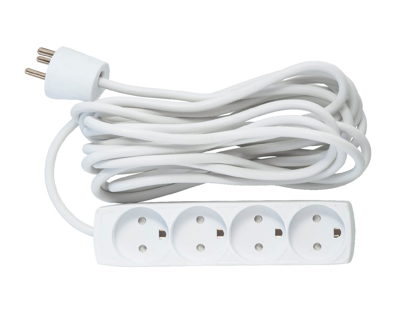 White power extension cord with a 5-meter length, featuring 4 AC outlets and a sturdy plastic housing, designed for indoor use.
