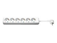 White power extension strip with six AC outlets, 3 meters long, featuring a sturdy plastic body and a right-angle plug for easy access.