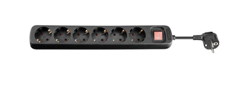 Black six-socket Type F power strip with red on/off switch, featuring gold-plated contacts and a sturdy plastic housing, designed for European electrical systems.