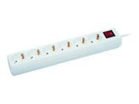 White power extension strip with six AC outlets, 1.8 meters long, featuring a red power indicator switch, designed for indoor use.
