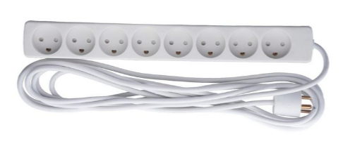 White power extension strip with 8 AC outlets, featuring a 5-meter long cord, designed for indoor use, made of durable plastic.
