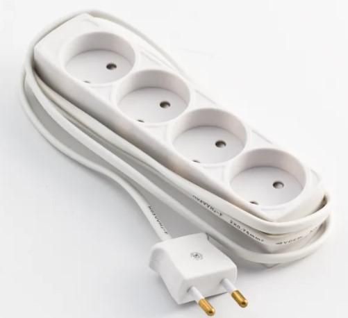 White power extension strip with four AC outlets, 1.5 meters long, featuring a durable plastic body and a two-prong plug for indoor use.