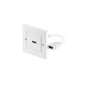 White wall-mounted HDMI socket outlet with a clean, square design, featuring a single HDMI port and a connected HDMI cable.