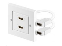 White wall-mounted HDMI socket outlet featuring two HDMI ports with attached cables, designed for easy connectivity and a clean installation.