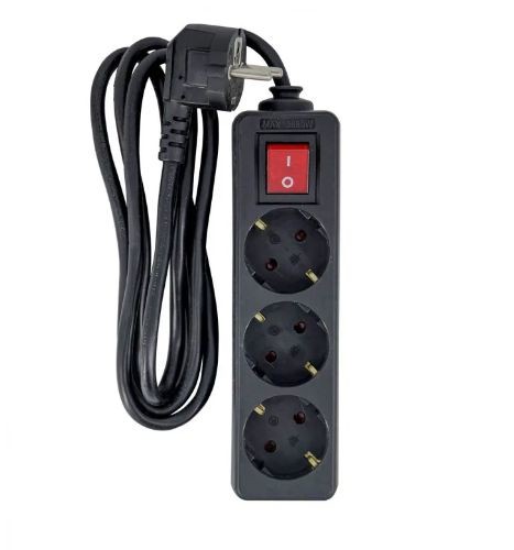 Black power extension with three AC outlets, a red on/off switch, and a 1.5-meter cord, designed for indoor use.