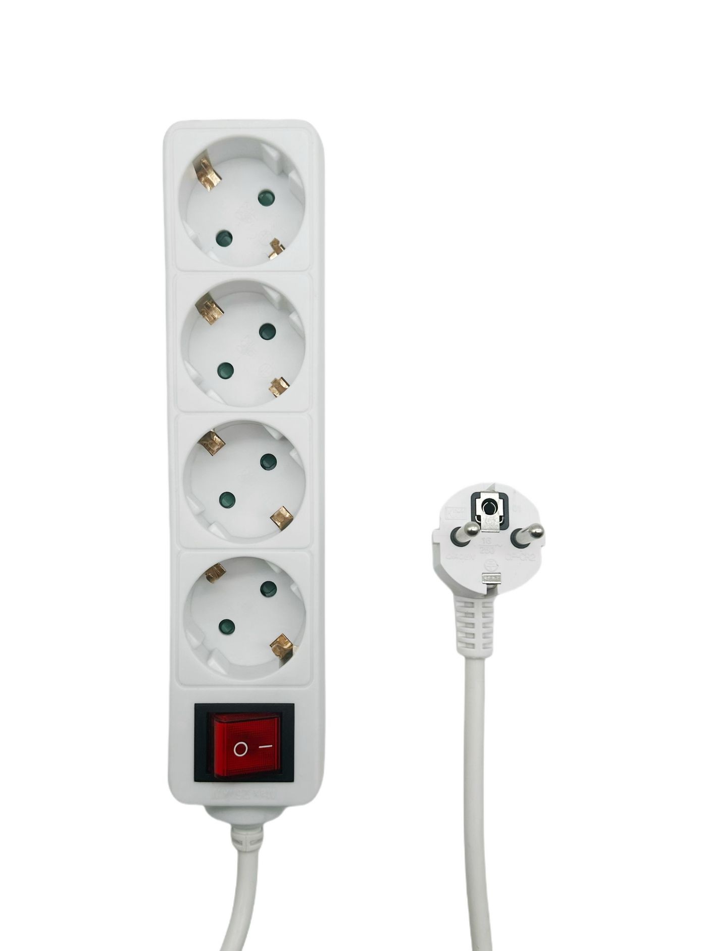 White power extension with four AC outlets, a red on/off switch, and a 5-meter cord, designed for indoor use.