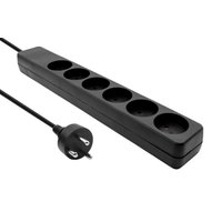 Black Microconnect power extension with 7m cord, 6 AC outlets, and rounded plug.