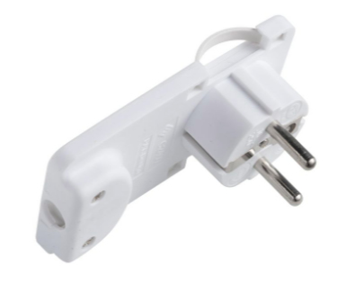 White Microconnect PESCHPLUG-W Type F power plug adapter with two metal prongs, a plastic body, and a mounting hole for easy attachment.