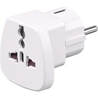 White Microconnect PETRAVEL universal power plug adapter with multiple socket types and two round prongs.