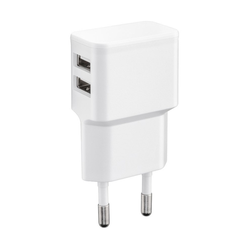 White AC mobile device charger with two USB ports, featuring a compact design and metallic prongs for universal compatibility.