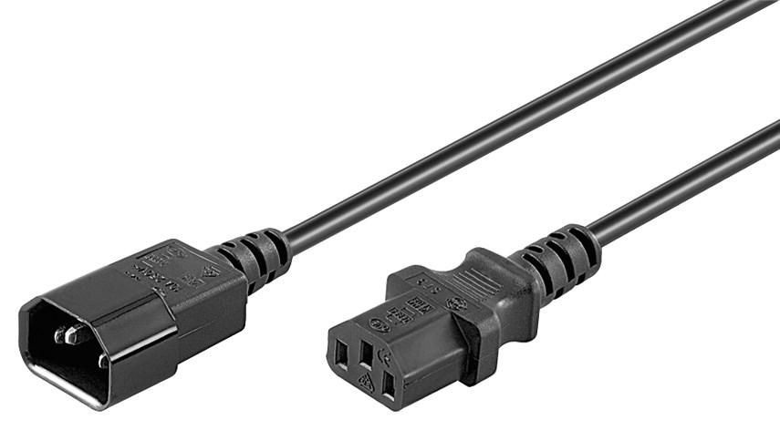 Black power cord featuring C13 and C14 connectors, measuring 1.8 meters in length, made of durable plastic with molded ends for secure connections.