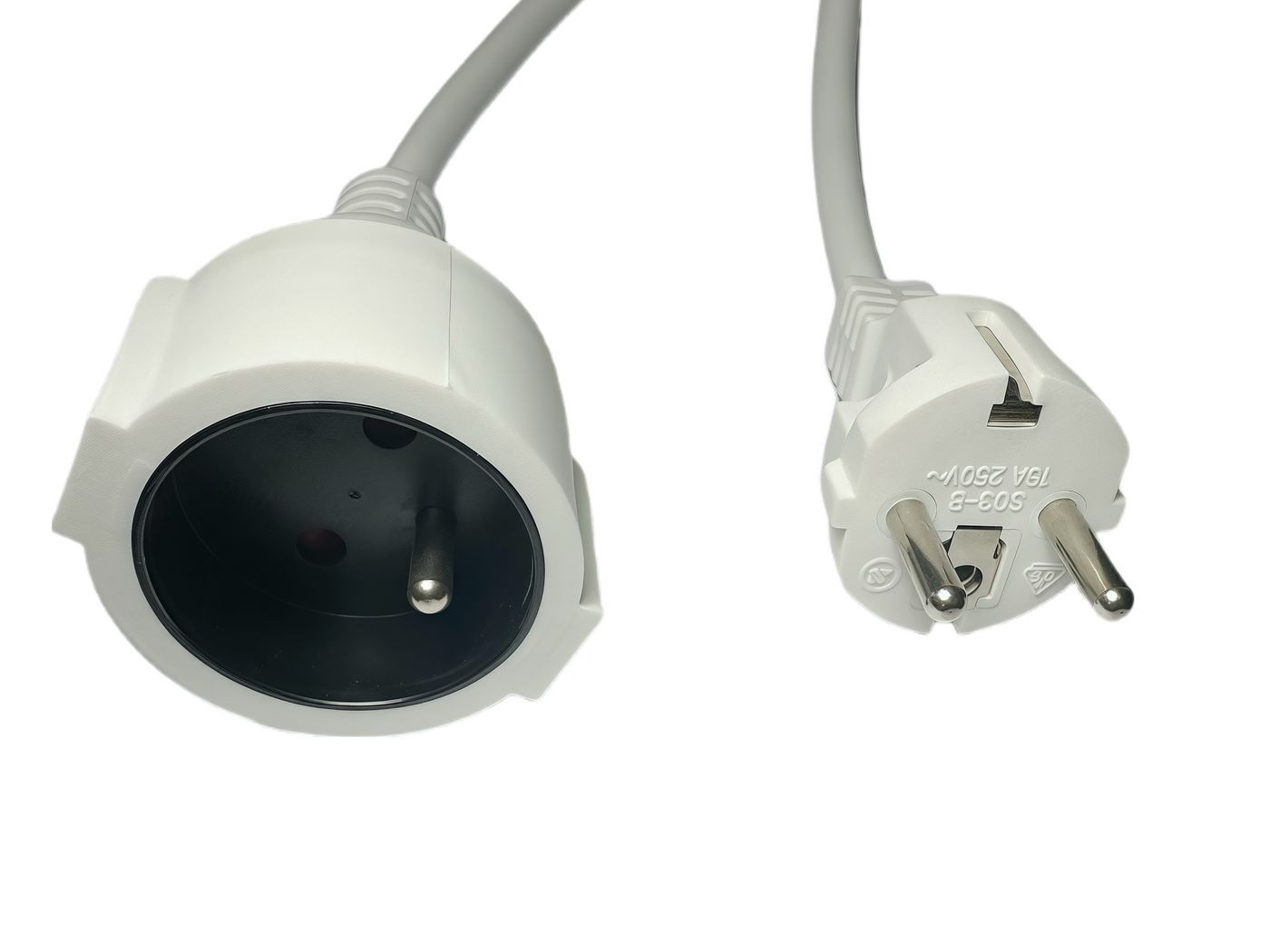 White Microconnect power extension cord with a round socket and two-prong plug, featuring a durable plastic exterior and a sleek, modern design.