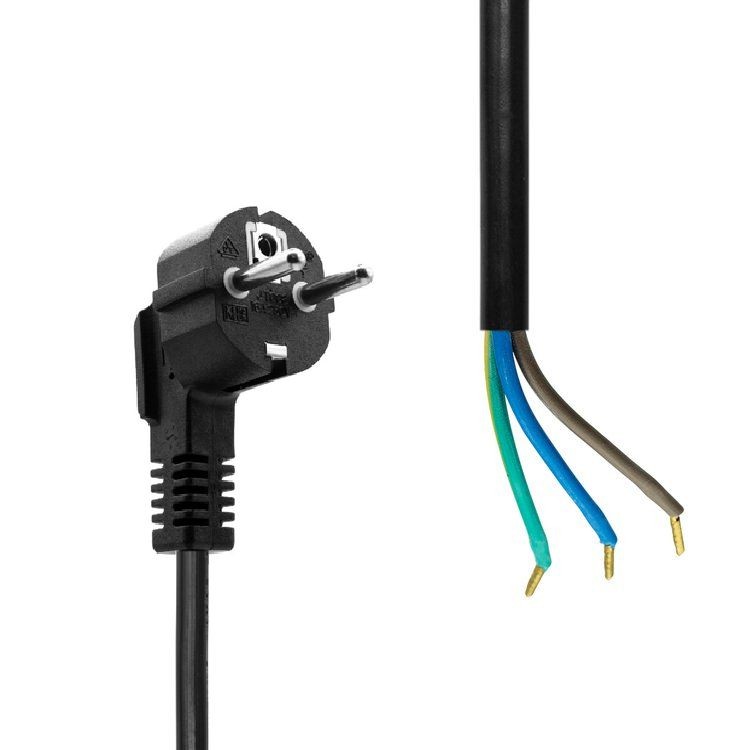 Black Schuko open-end power cord with a two-prong plug, featuring three internal wires in blue, brown, and green, designed for electrical connections.