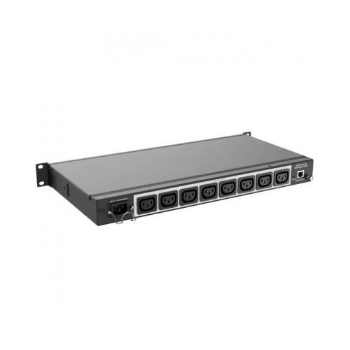 Black metal power distribution unit with nine IEC outlets, featuring a RackLink interface and CE rating, designed for efficient rack mounting in professional settings.