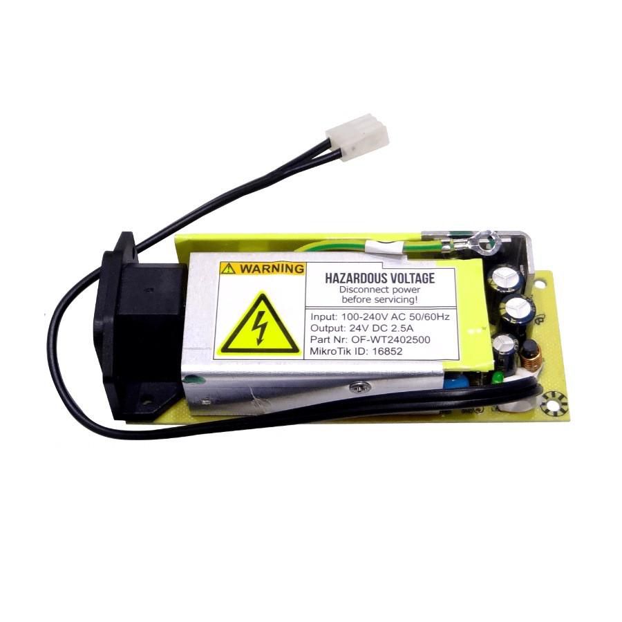 Mikrotik 24V2APOW power adapter in black and yellow, featuring a warning label, input/output specifications, and a compact design suitable for indoor use.