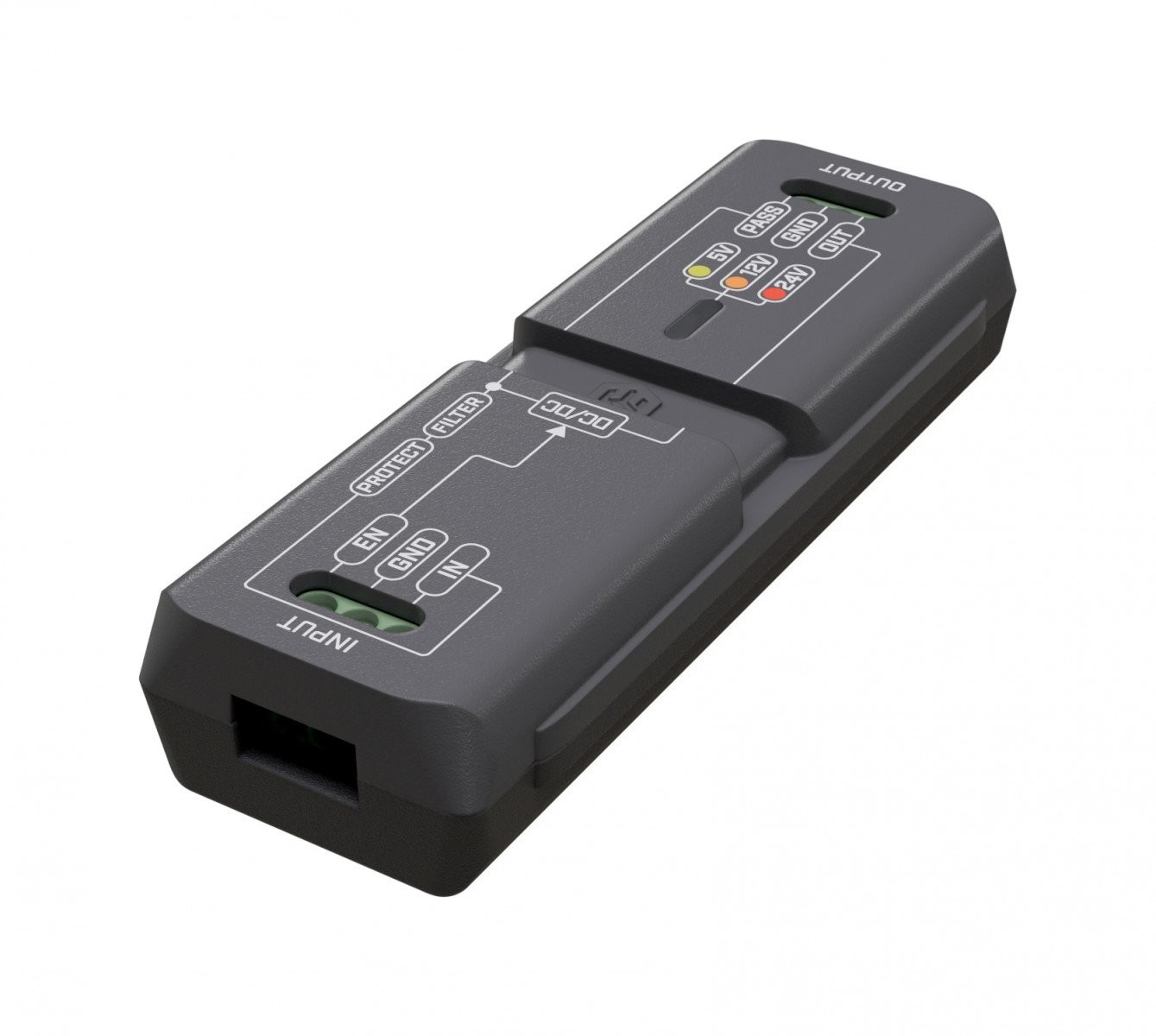 Black Mikrotik APA-1 power adapter with a rectangular design, featuring input/output ports, LED indicators, and labeled connections for easy identification.