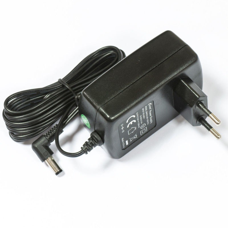 Black Mikrotik SAW30-240-1200GR2A power adapter with a two-prong plug, featuring a long black cable and labeled specifications on the side.