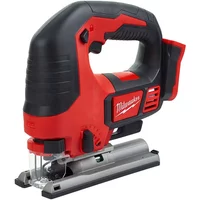 Red and black Milwaukee 18V cordless jigsaw with ergonomic handle and silver base plate.