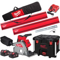 Red and black Milwaukee cordless plunge saw with guide rail, two batteries, charger, and carrying case.