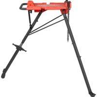 Red Milwaukee MPS pipe stand with black tripod legs and chain vice for securing pipes.