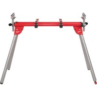 Red and silver Milwaukee MSL 1000 extendable mitre saw stand with adjustable legs and support brackets.