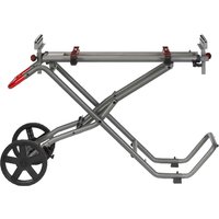 Gray Milwaukee MSUV 280 mitre saw stand with extendable arms, large wheels, and red accents.