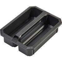 Black Milwaukee tray with two compartments, designed for Packout Trolley Box and Large Box, durable plastic construction.