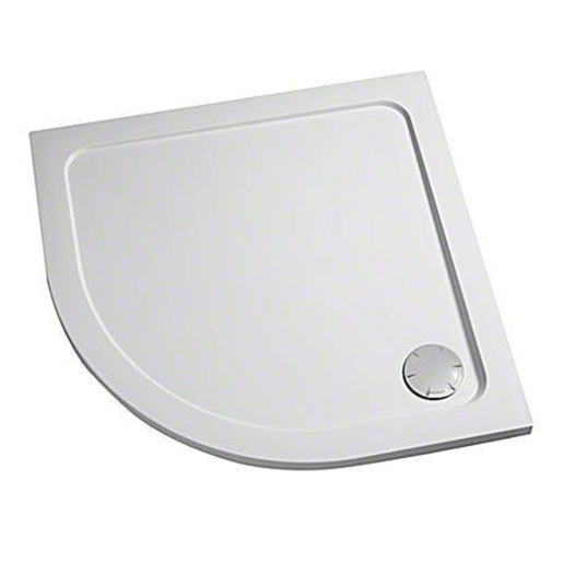 White low-level quadrant shower tray with a smooth surface, measuring 900mm x 900mm, featuring a circular drain cover on one side.