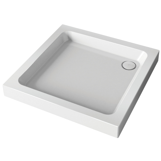 Square shower tray measuring 760 x 760mm, made of deep profile stone resin in a sleek white finish, featuring a circular waste outlet.