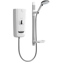 White Mira Advance 8.7kW thermostatic electric shower with adjustable showerhead, control dial, and sleek vertical design.