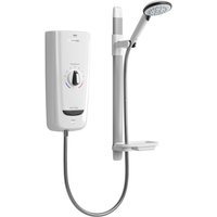 White Mira thermostatic electric shower with adjustable showerhead, control dial, and sleek vertical design.