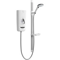 White Mira electric shower with adjustable flex fittings, handheld showerhead, and temperature control knob.