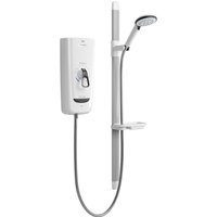 White Mira electric shower with adjustable head, flexible hose, and sleek control panel on a vertical rail.