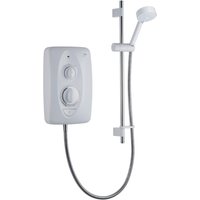 White Mira Jump Multi-Fit electric shower with chrome accents, adjustable showerhead, and dual control dials.