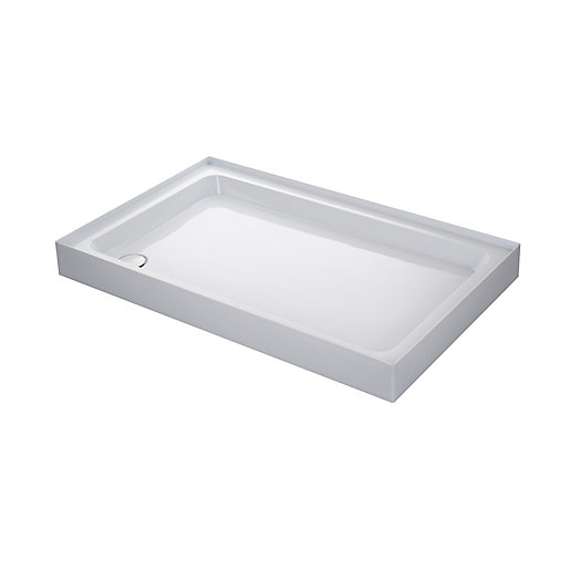 Rectangular white shower tray with a deep profile and four upstands, measuring 1200 x 800mm, featuring a waste outlet for drainage.