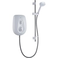 Mira Vie Electric Shower 9.5kw in white with chrome accents, oval control panel, and adjustable showerhead on rail.